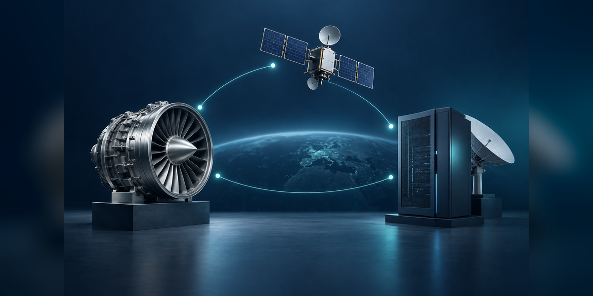 Conceptual aerospace and defense marketing illustration with a precision component, satellite model and network cabinet