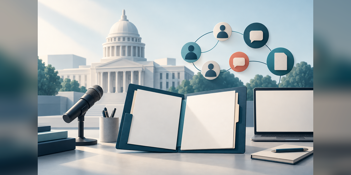 Illustration of a civic communications workspace with an evaluation folder, microphone and connected dialogue shapes.