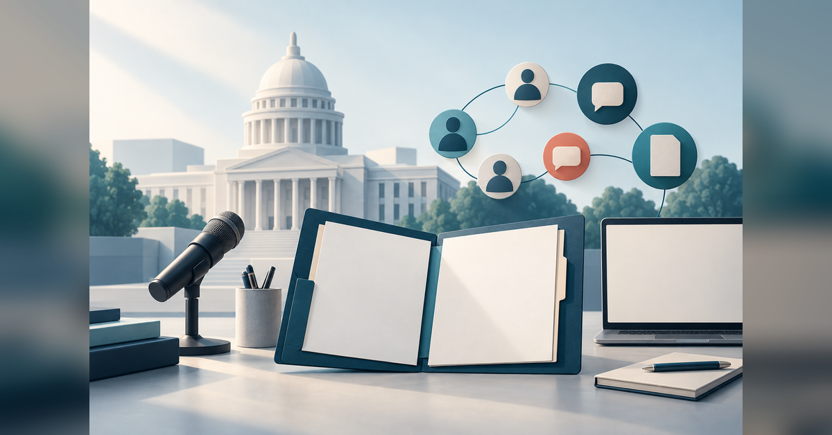 Illustration of a civic communications workspace with an evaluation folder, microphone and connected dialogue shapes.