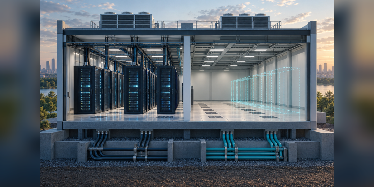 Conceptual data center illustration showing server racks, power connections and an empty expansion bay.