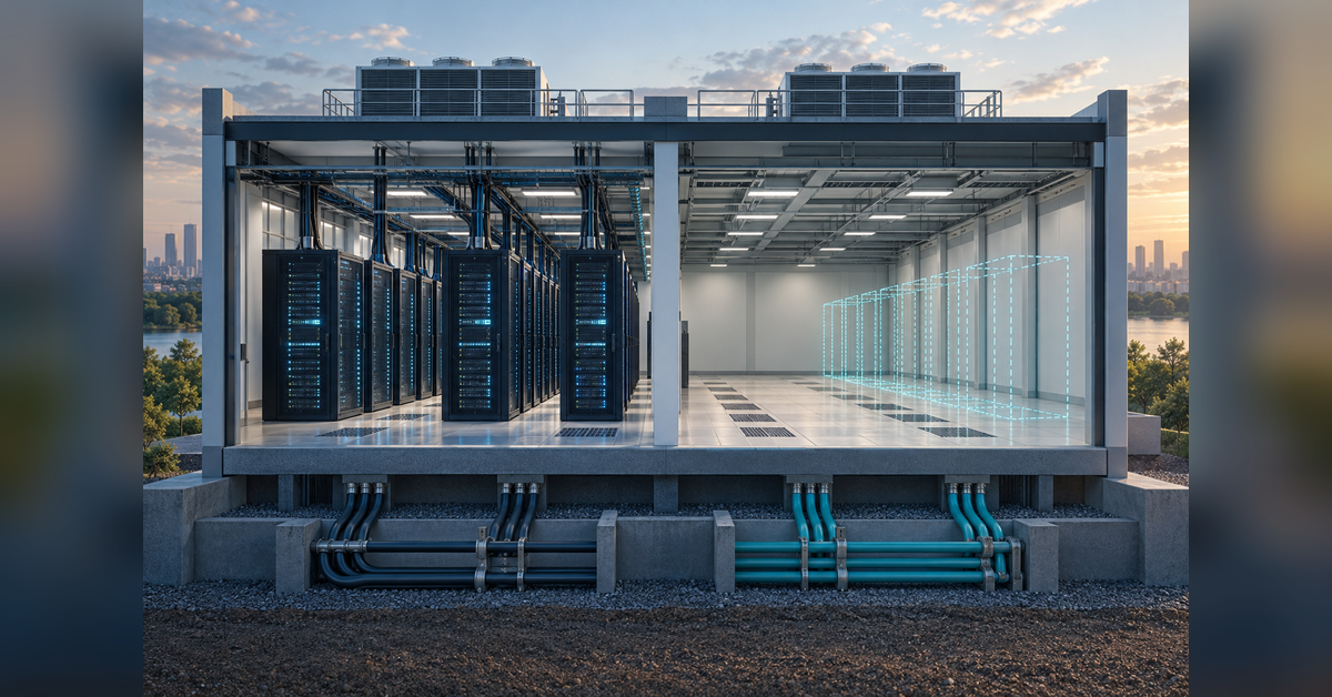 Conceptual data center illustration showing server racks, power connections and an empty expansion bay.