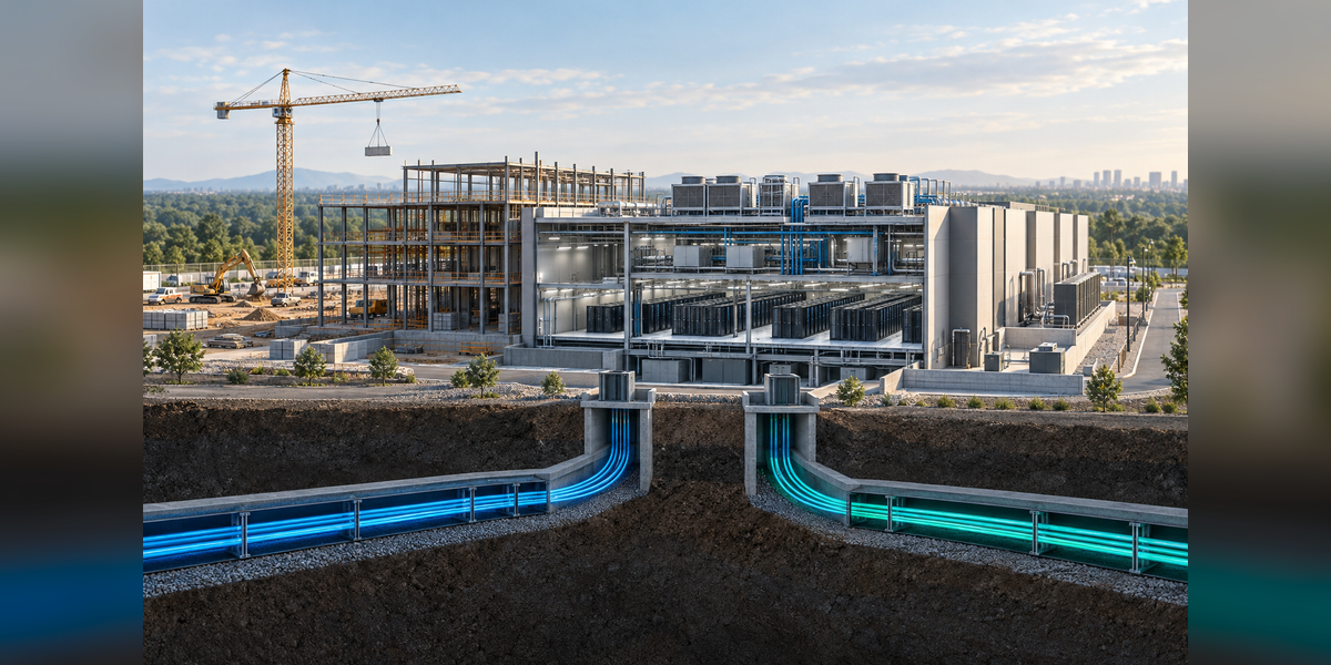 Conceptual campus illustration for a guide to data center construction companies, showing construction, utility systems, and fiber pathways