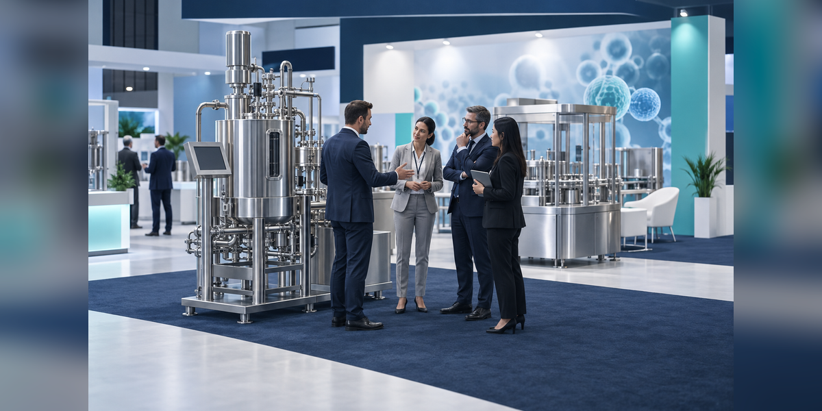 Conceptual illustration of pharmaceutical machinery and buyer meetings for PMEC India 2026