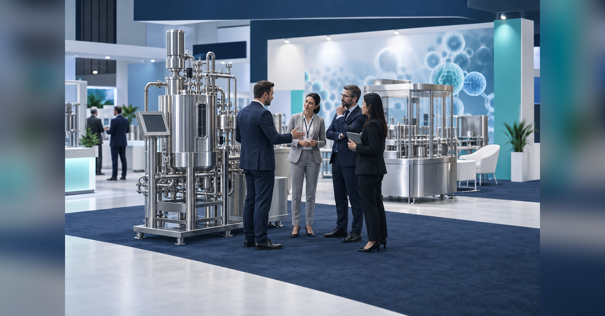 Conceptual illustration of pharmaceutical machinery and buyer meetings for PMEC India 2026
