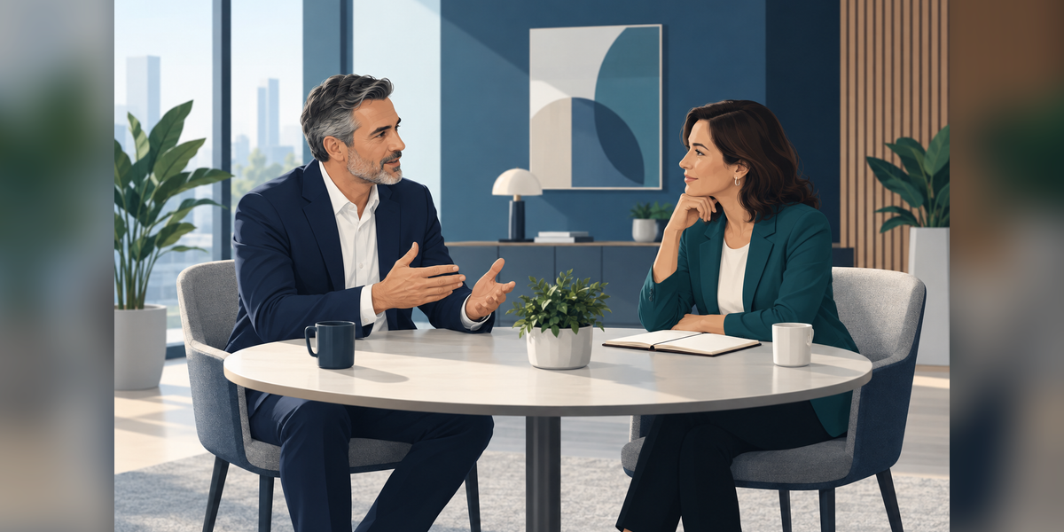 Conceptual illustration for LinkedIn Advice Sessions showing a B2B expert and business owner in a focused consultation