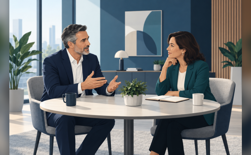 Conceptual illustration for LinkedIn Advice Sessions showing a B2B expert and business owner in a focused consultation