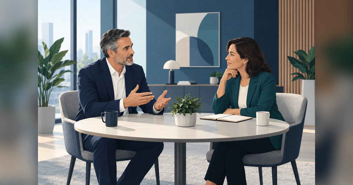 Conceptual illustration for LinkedIn Advice Sessions showing a B2B expert and business owner in a focused consultation
