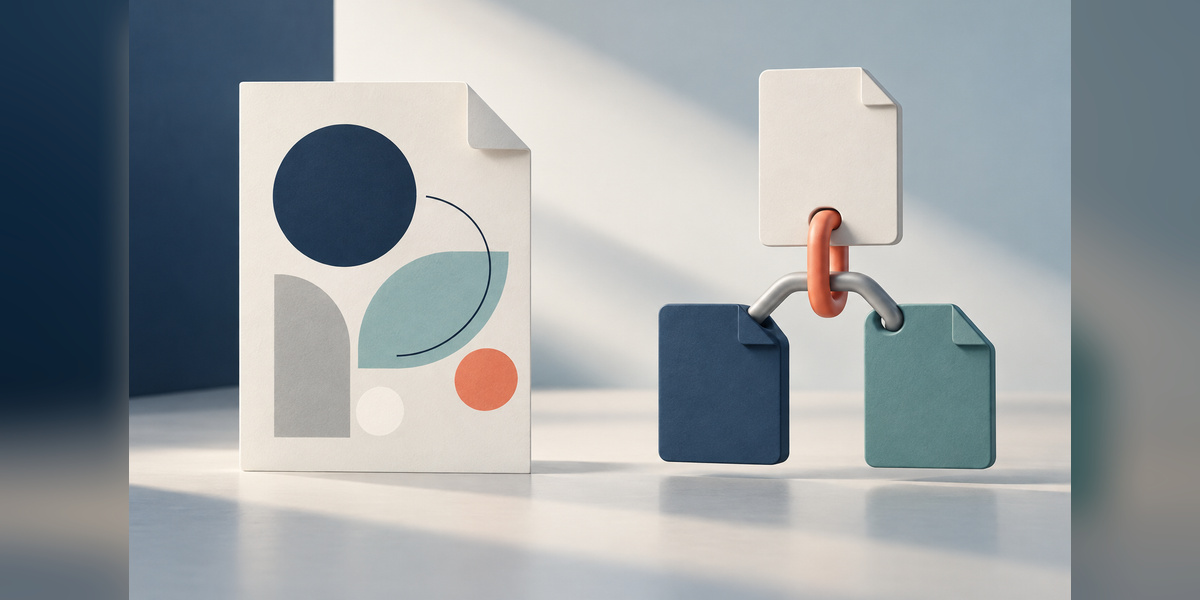 Conceptual illustration of earned media vs backlinks, with an editorial page beside connected page-shaped objects