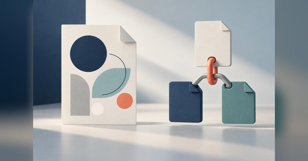 Conceptual illustration of earned media vs backlinks, with an editorial page beside connected page-shaped objects