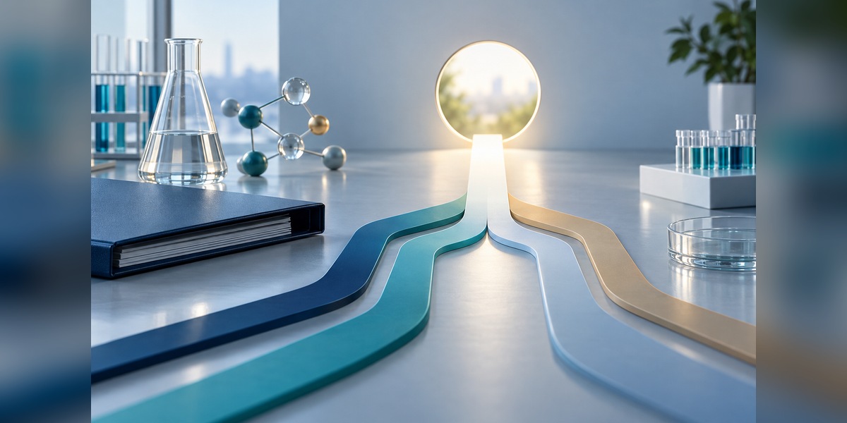 Laboratory materials and abstract pathways representing the evaluation of biotech search-marketing partners