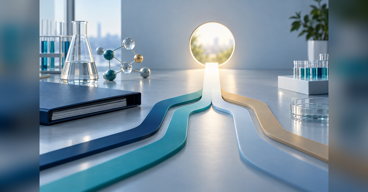 Laboratory materials and abstract pathways representing the evaluation of biotech search-marketing partners