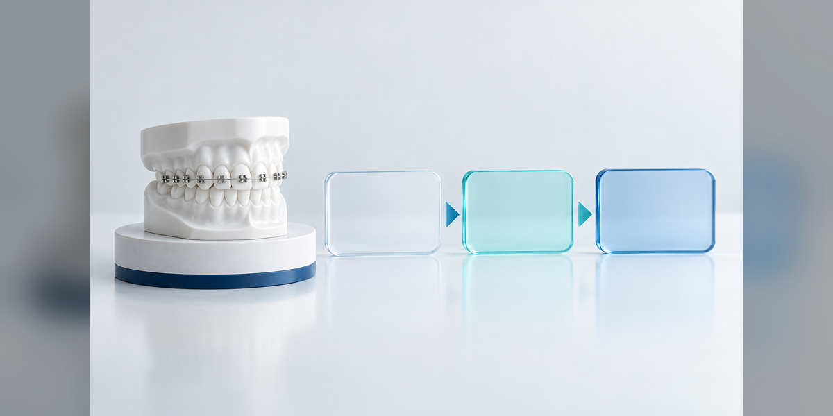 Conceptual orthodontic teaching model with brackets beside plain blocks suggesting appointment planning