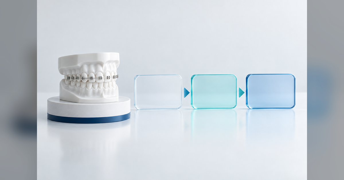 Conceptual orthodontic teaching model with brackets beside plain blocks suggesting appointment planning