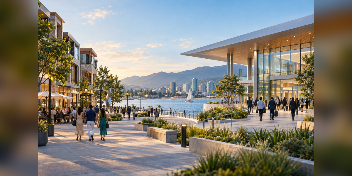 Conceptual visitor district and convention venue illustrating SEO for convention and visitors bureaus