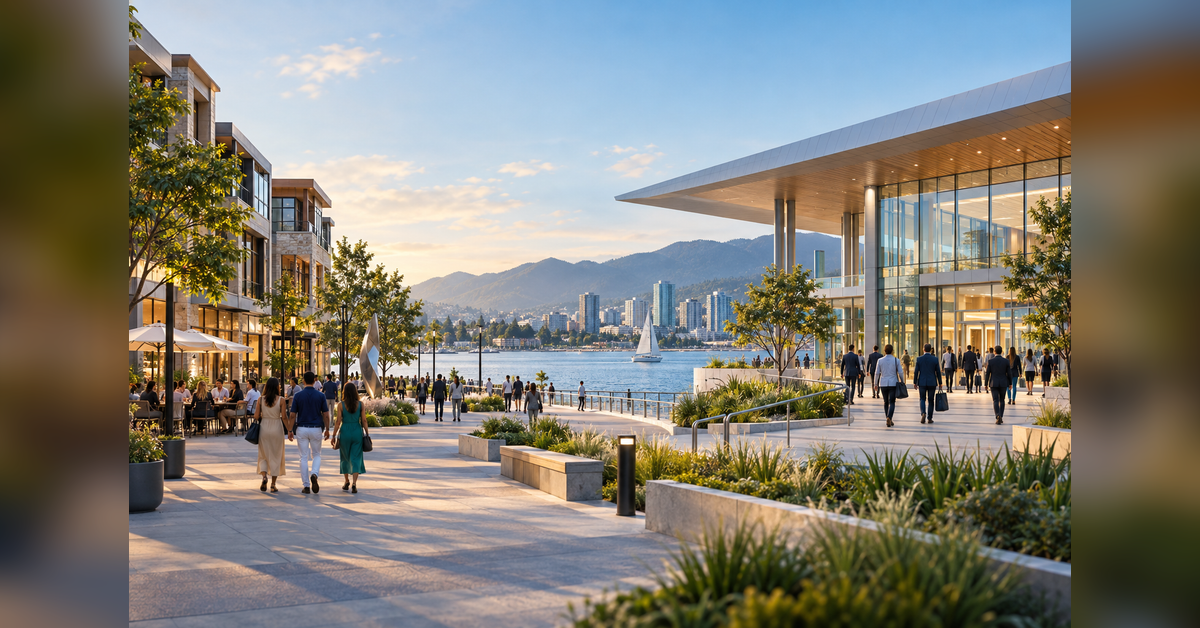 Conceptual visitor district and convention venue illustrating SEO for convention and visitors bureaus