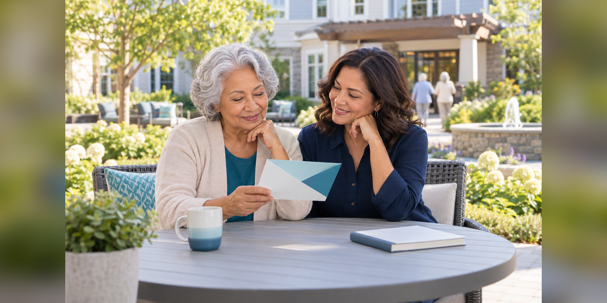 Older adult and family member reviewing an email invitation beside a senior living community