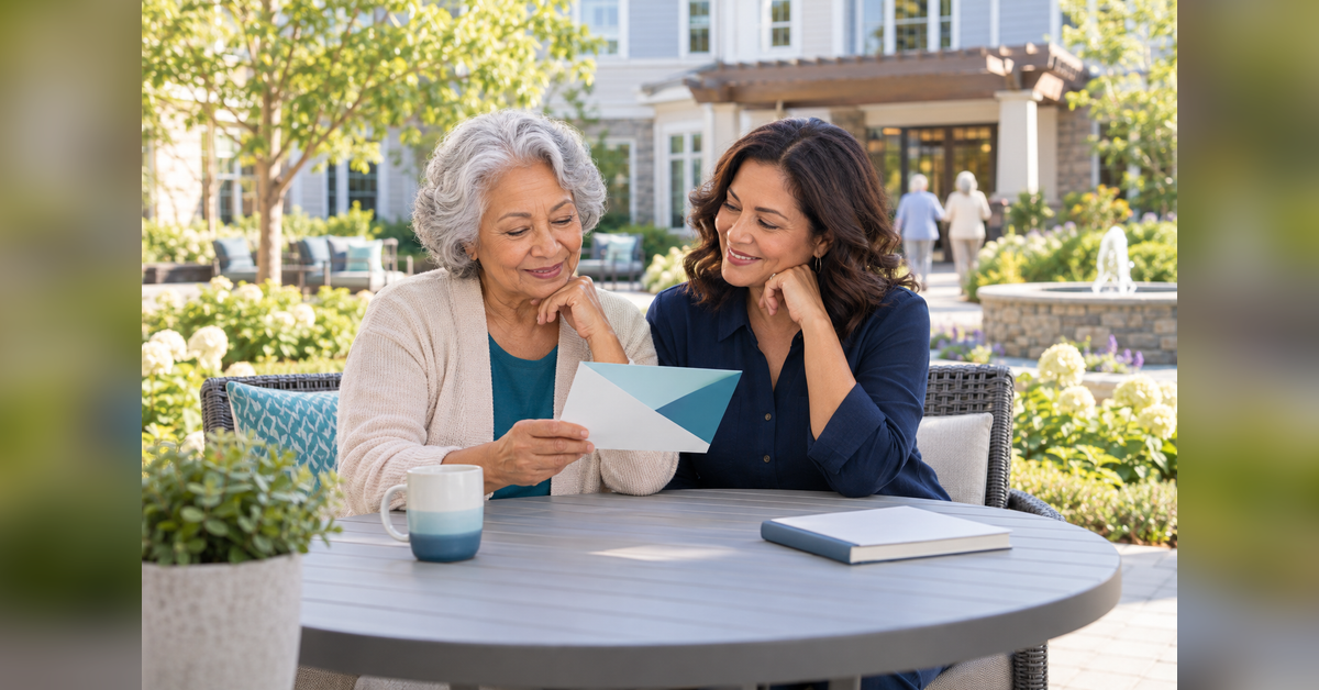 Older adult and family member reviewing an email invitation beside a senior living community