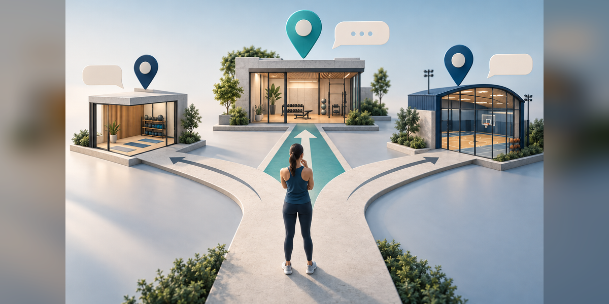 Fitness facilities connected to location pins and abstract answer shapes
