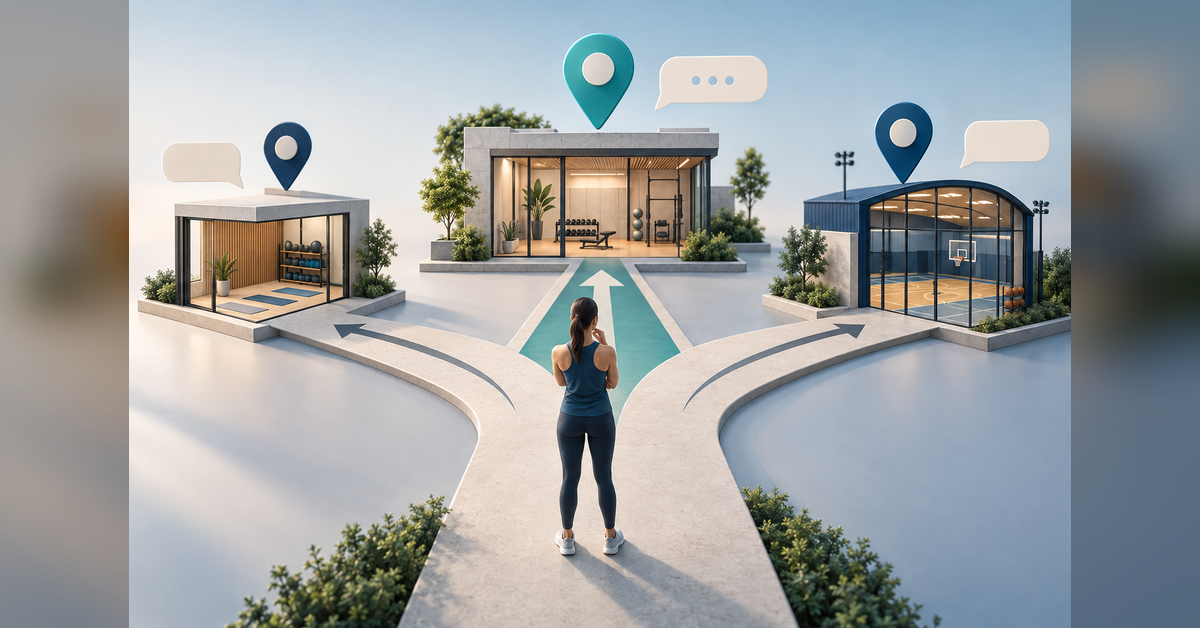 Fitness facilities connected to location pins and abstract answer shapes