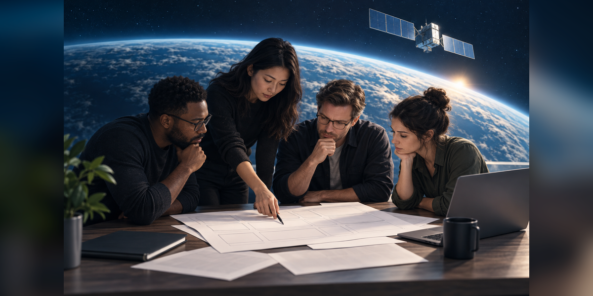 Conceptual view of a satellite above Earth and a technical team reviewing an unmarked storyboard