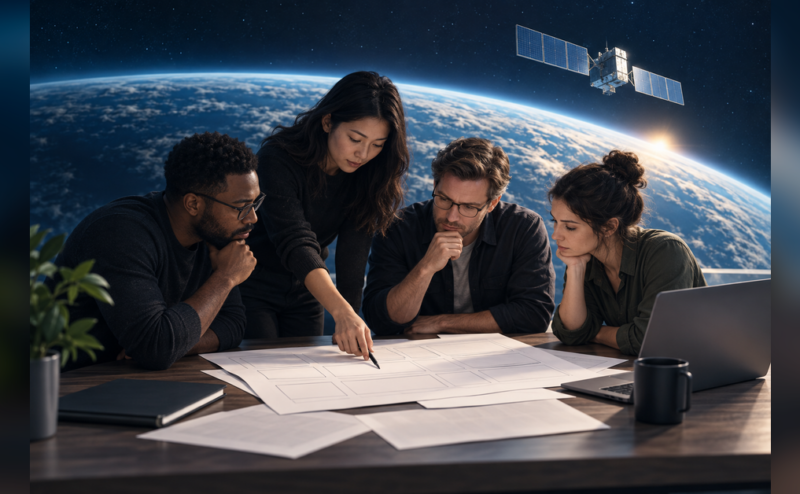 Conceptual view of a satellite above Earth and a technical team reviewing an unmarked storyboard