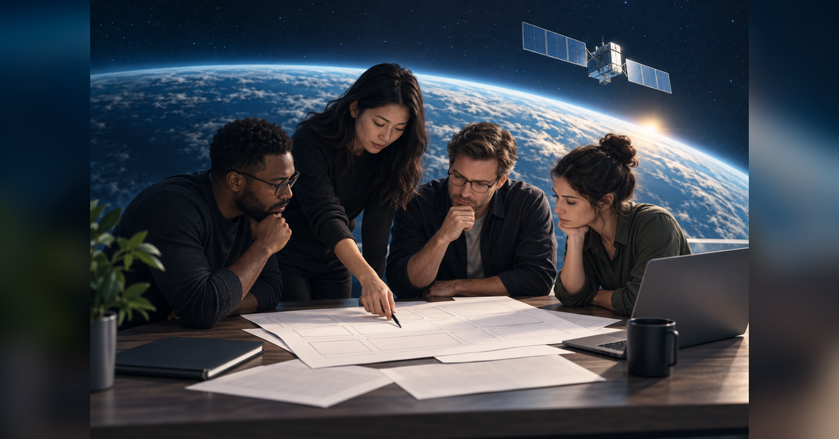 Conceptual view of a satellite above Earth and a technical team reviewing an unmarked storyboard