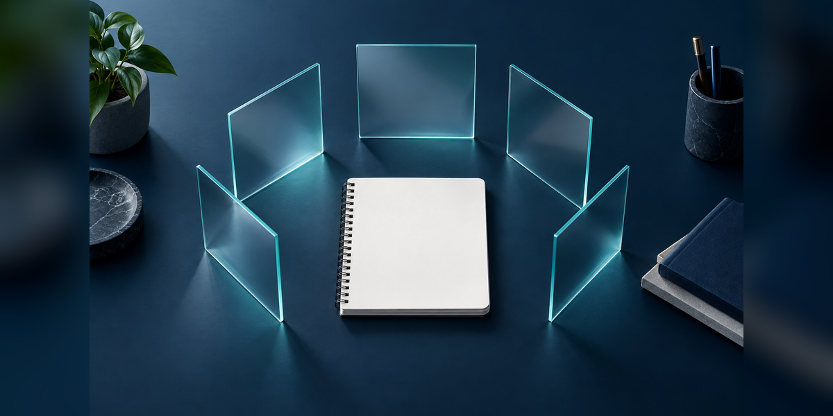 Conceptual comparison of Semrush AI visibility alternatives using unmarked glass panels and a blank notebook