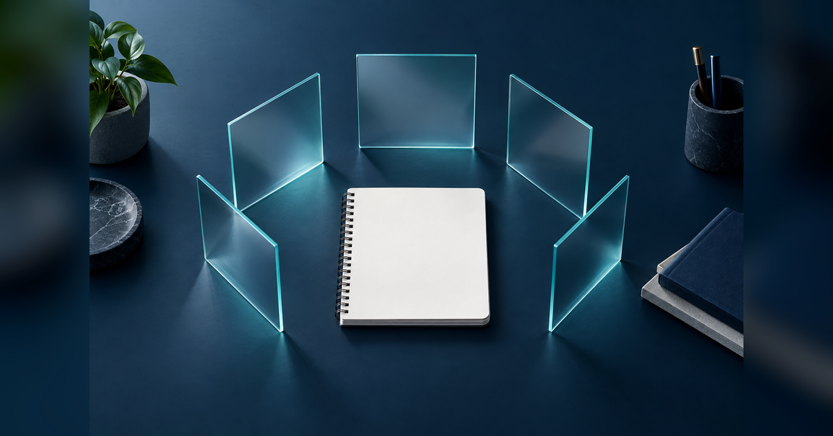 Conceptual comparison of Semrush AI visibility alternatives using unmarked glass panels and a blank notebook