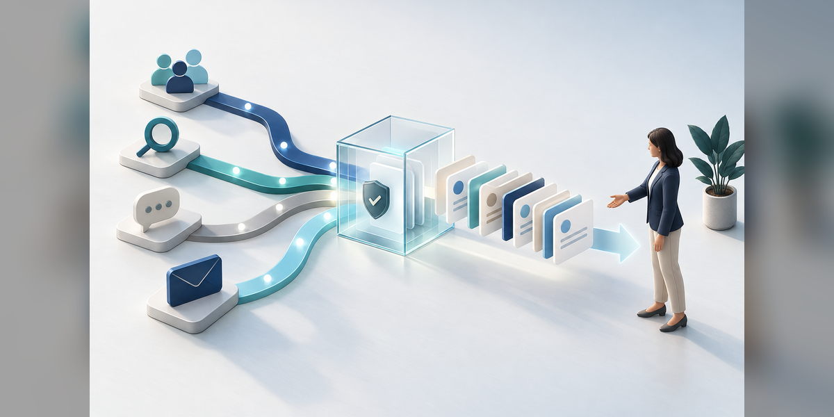 Abstract consumer inquiry paths passing through a quality checkpoint toward a sales handoff