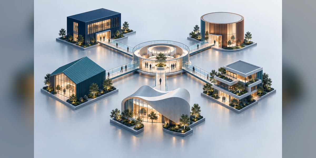 Roll up marketing strategy illustrated by distinct business structures connected through a shared coordination space