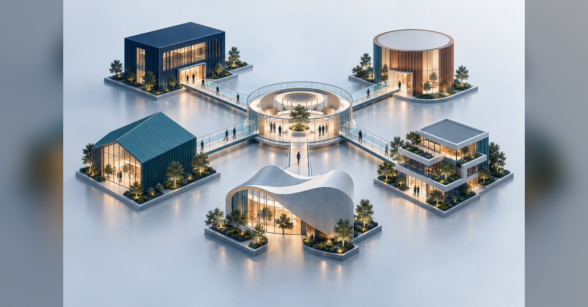 Roll up marketing strategy illustrated by distinct business structures connected through a shared coordination space