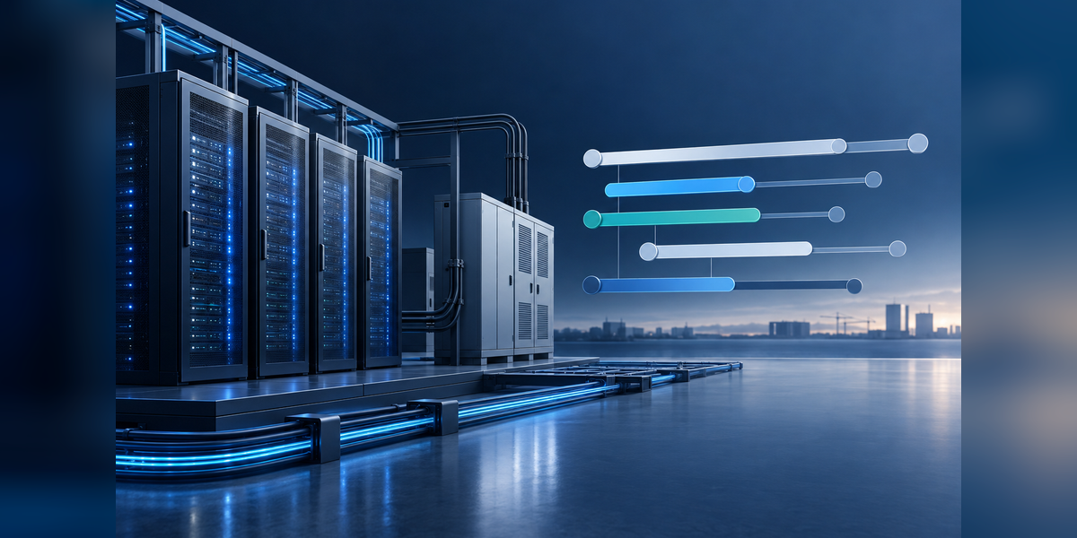 Conceptual illustration for CoreWeave debt analysis showing server infrastructure, power connections and financing timelines