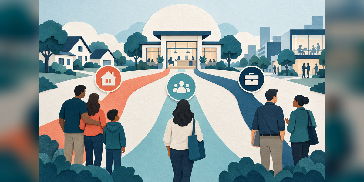 Conceptual illustration of military-connected community members following distinct paths toward useful information