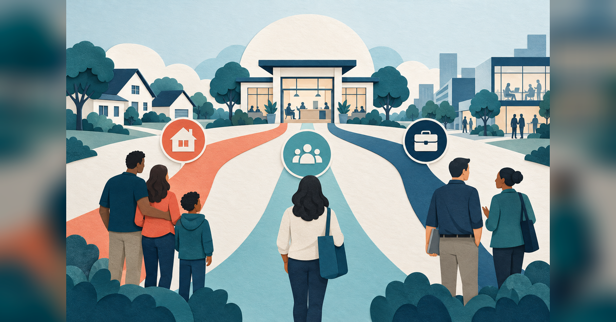 Conceptual illustration of military-connected community members following distinct paths toward useful information