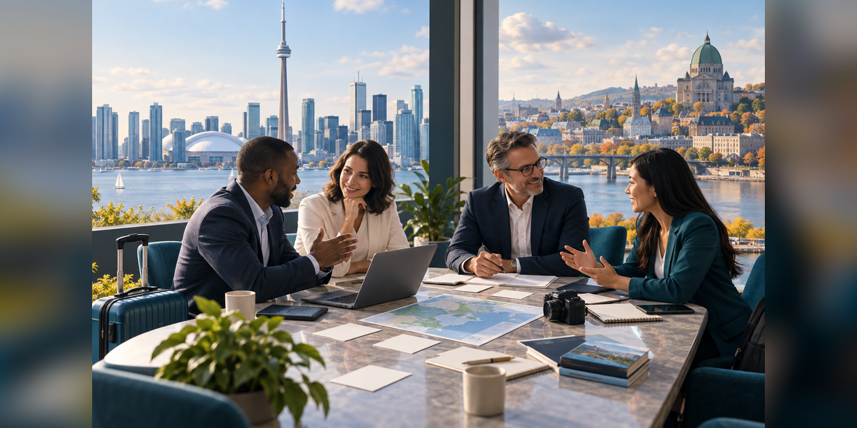 Conceptual travel-trade meeting illustration for the Brand USA Travel Week Canada 2026 buyer guide