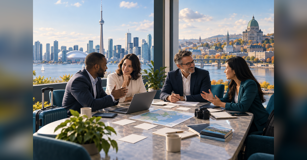 Conceptual travel-trade meeting illustration for the Brand USA Travel Week Canada 2026 buyer guide