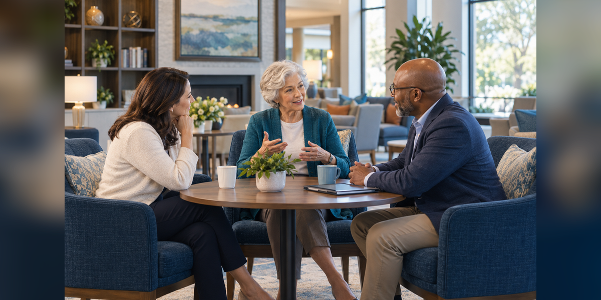 Editorial illustration of an older adult leading a conversation with a family member and senior living community representative.