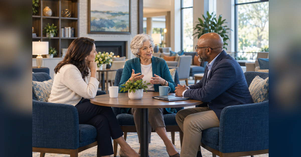 Editorial illustration of an older adult leading a conversation with a family member and senior living community representative.