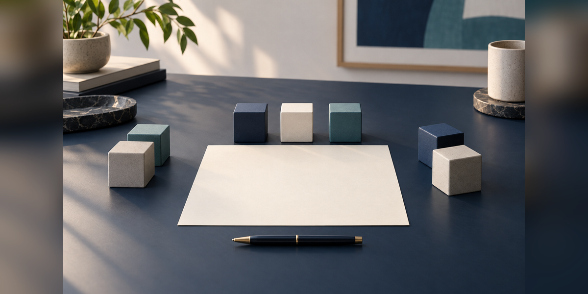 Conceptual decision sheet and grouped blocks illustrating a B2B brand strategy agency engagement