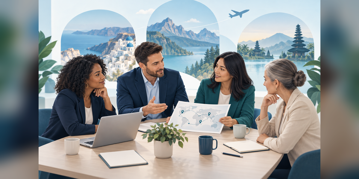 Conceptual travel-industry meeting illustration for the NTA Travel Exchange 2026 buyer guide