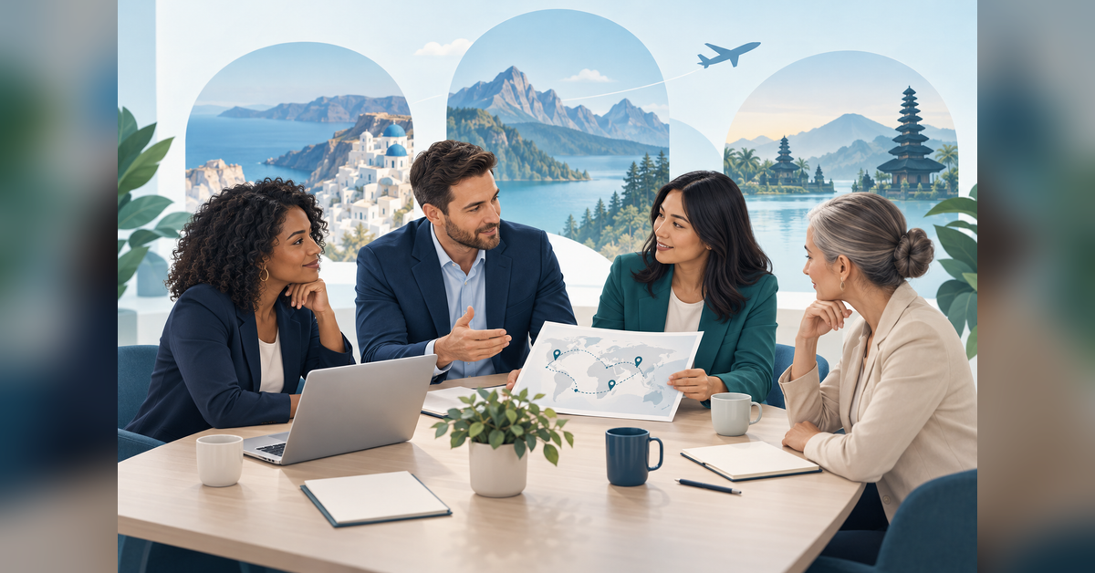 Conceptual travel-industry meeting illustration for the NTA Travel Exchange 2026 buyer guide