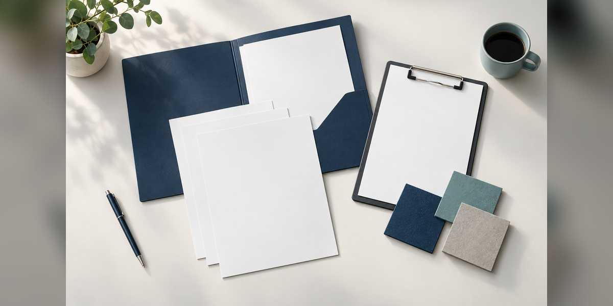 Blank procurement documents and a clipboard arranged for planning a government marketing RFP