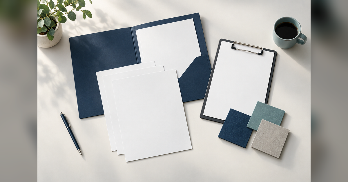 Blank procurement documents and a clipboard arranged for planning a government marketing RFP