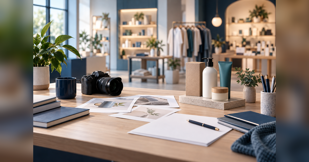 Editorial planning desk with unbranded consumer products, a camera, and blank story sheets