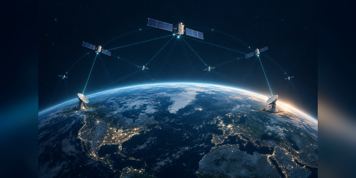 Conceptual satellites and ground stations illustrating a hybrid commercial and government space architecture