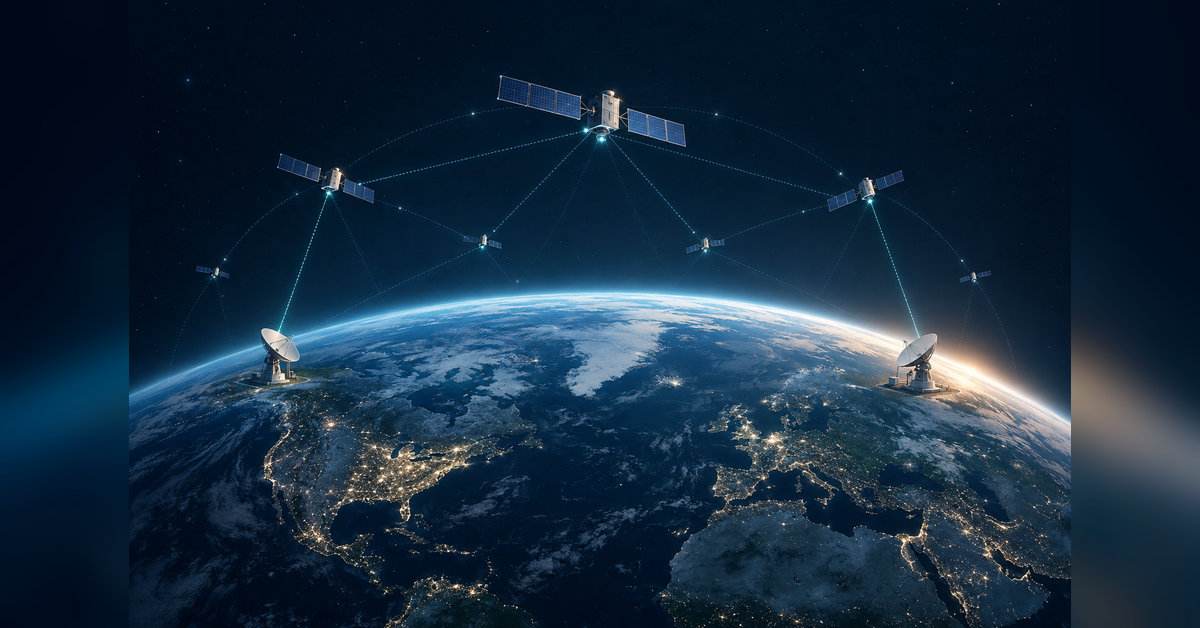 Conceptual satellites and ground stations illustrating a hybrid commercial and government space architecture