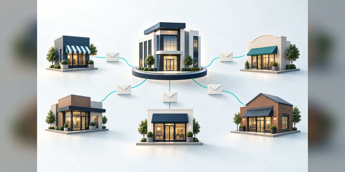 A central planning hub connected to local storefronts and abstract email envelopes