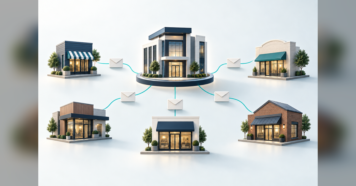 A central planning hub connected to local storefronts and abstract email envelopes