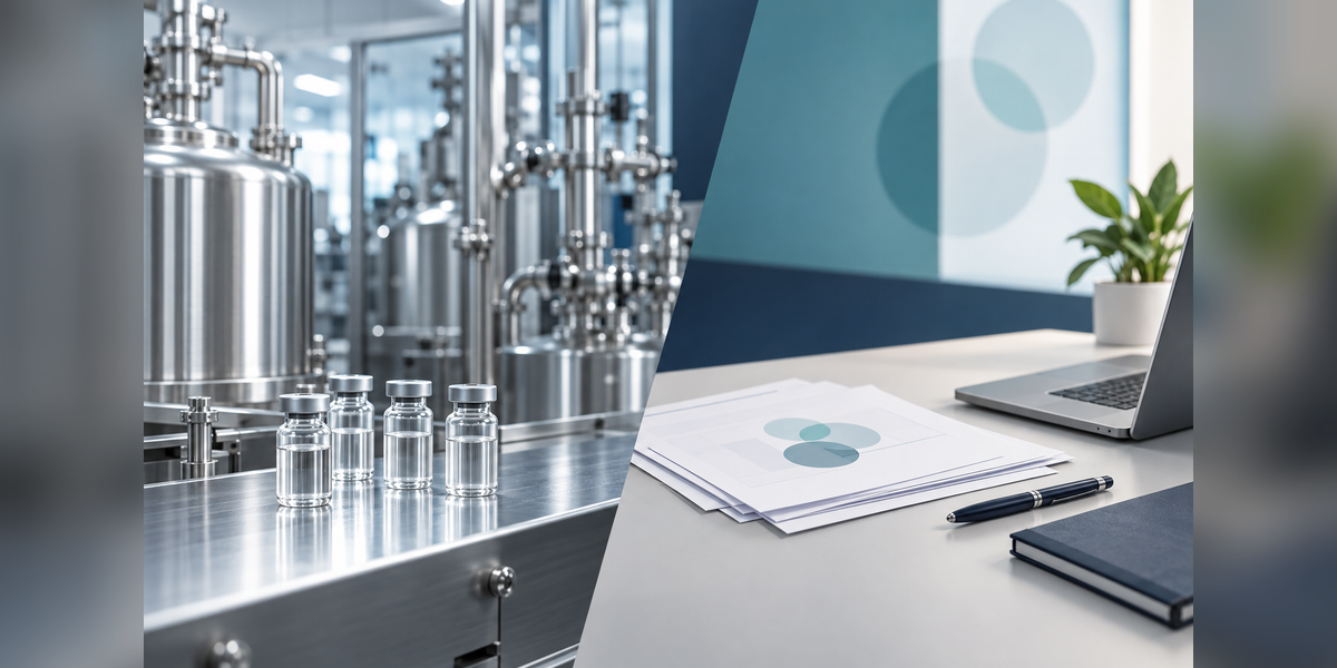 Conceptual CDMO capacity planning illustration with pharmaceutical production equipment, vials, and planning documents