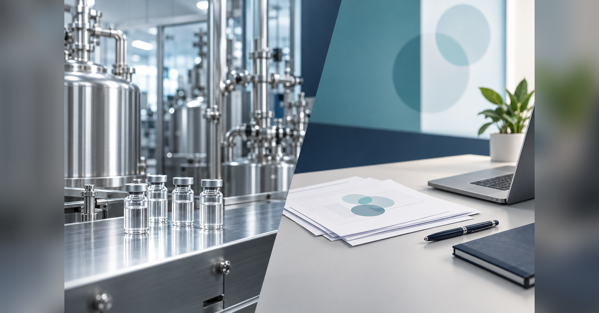 Conceptual CDMO capacity planning illustration with pharmaceutical production equipment, vials, and planning documents